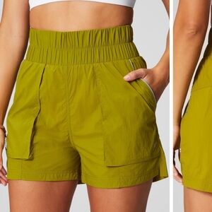Fabletics Ultra High Waisted Piped Nylon Shorts in Olive Gre/Ref. Silver, NWT L